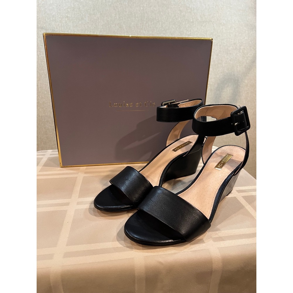 Louise et Cie Paley Black Leather Ankle Strap Wedge Sandals Womens 9M LO-PALEY
